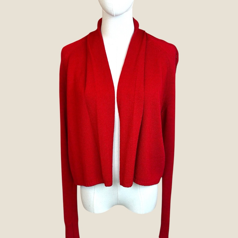 St.John Sport SZ Small red wool blend cableknitt sleeves open‎ 
Cardigan